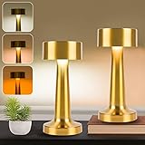 SUNLIGTGO 2 Stück Tischlampe Kabellos, Upgrade LED Akku Tischleuchte Aufladbar, Tragbar USB Nachttischlampe mit Stufenlosem Dimmen & 3 Farbwechsel (Gold)