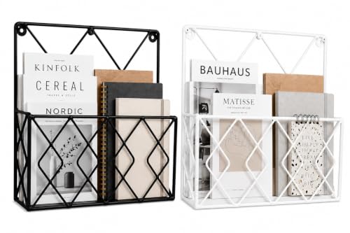Image of Hanging File & Magazine Holder - Wall Mounted Metal Organizer for Newspapers, Documents & Office Storage | Decorative Black Wall Rack for Home & Workspace (Black+White)