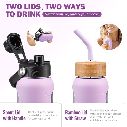 Image of 24 oz Glass Water Bottle with Straw - 2 Lids (Bamboo & Spout Lid), Motivational Borosilicate Glass Daily Water Intake Bottle with Time Marker, Silicone Sleeve for Gym Home Office-Purple
