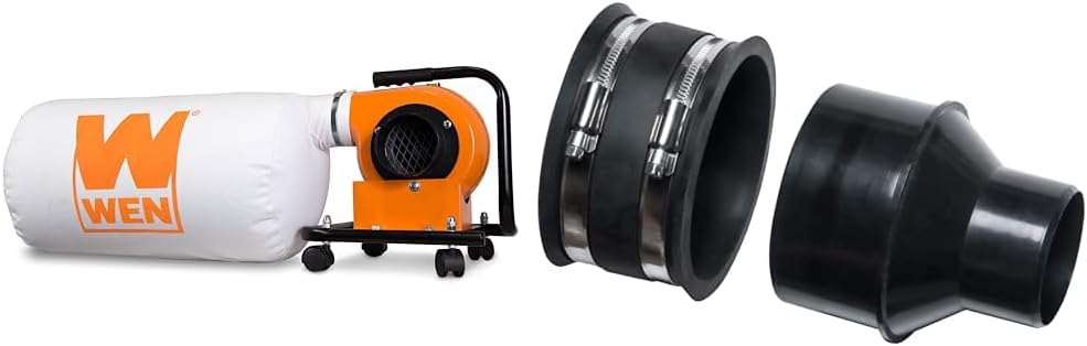 WEN DC3401 5.7-Amp 660 CFM Rolling Dust Collector with 12-Gallon Bag and Optional Wall Mount, Black & POWERTEC 70322 4" to 2-1/2" Reducer and 4" Dust Control Flex Cuff with Hose Clamps, Black