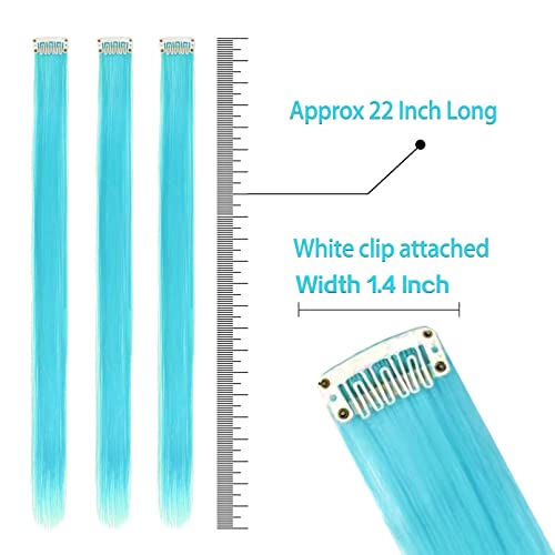 Rinboool Colored Hair Extensions Clip In For Kids Girls Women, Teal Blue 10 Pieces Rainbow Color, 22 Inch Long Straight Highlights Party, Synthetic #TOP2