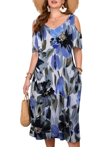 Image of LARACE Plus Size Women Dress for Summer, Midi Women's Sundress, Casual V-Neck Short Sleeve Flowy T-Shirt Dresses with Pockets