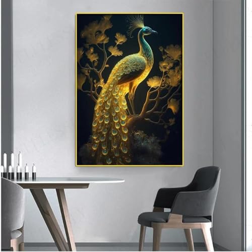 Peinture sur toile paon et fleurs au fini artistique raffiné avec châssis en bois intégré
