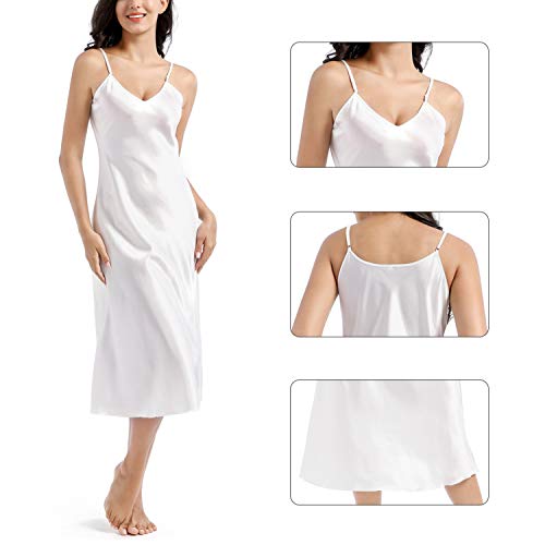 Mineee Womens Satin Nightgown Long Slip Sleep Dress Silk V Neck Nightgowns For Women White #TOP1