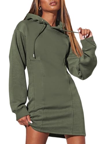 AlvaQ Womens Hooded Sweatshirt Dress Fall 2025 Trendy Solid Color Slim Long Sleeve Drawstring Hoodies Pullover Tunic Dresses Light Green Large