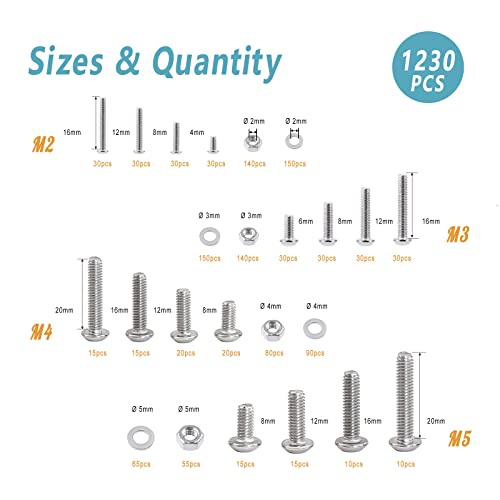 Kadrick 1230 Pcs M2 M3 M4 M5 Metric Screw Aassortment,4Mm-20Mm 304 Stainless Steel Hex Socket Button Head Cap Bolts Nuts Washers Kit With 4 Hex Wrenches #TOP2