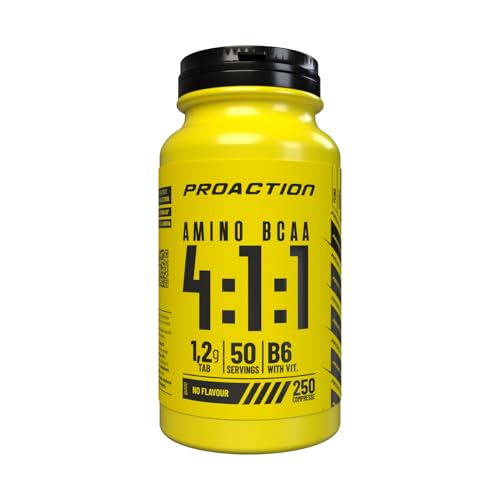 ProAction AMINO BCAA 4:1:1, Integratore in compresse di aminoacidi ramificati BCAA in rapporto 4:1:1 - Con Vitamina B6-50 Utilizzi, Barattolo da 250 g Compresse