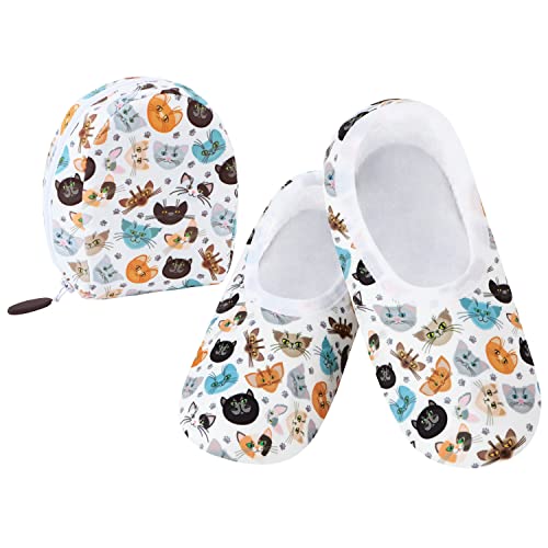 Image of Snoozies Skinnies Packable and Foldable Travel Slippers for Women with Zipper Pouch, Soft Sherpa-Lined Slipper Socks Non-Skid