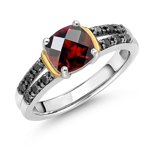 Gem Stone King 925 Silver and 10K Yellow Gold Red Garnet and Black Diamond Engagement Ring For Women (1.10 Cttw, Gemstone January Birthstone, Cushion Checkerboard 6MM, Available in Size 5,6,7,8,9)