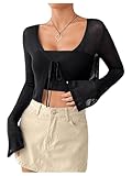 SHENHE Women's Mesh Sheer V Neck Tie Front Long Sleeve Solid Crop Cardigan Black M