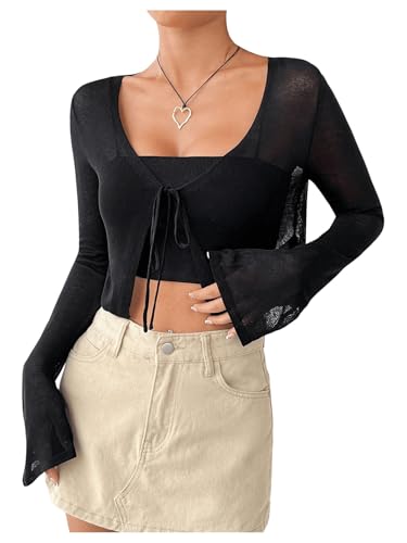 SHENHE Women's Mesh Sheer V Neck Tie Front Long Sleeve Solid Crop Cardigan