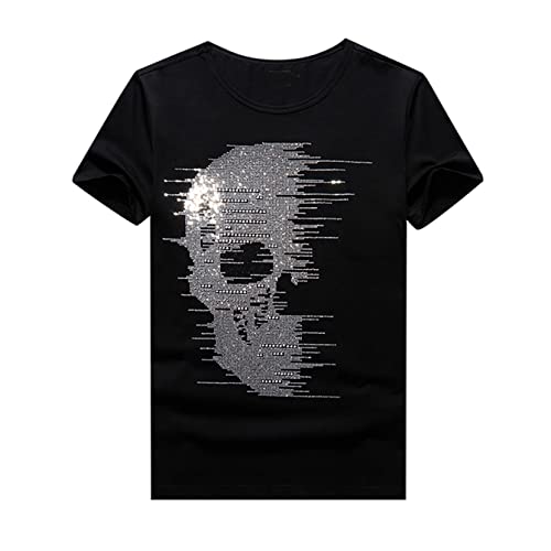 HZCX FASHION Mens Sparkly Rhinestone Skull Graphic Shirt Diamond Studded Festival Tshirt Round Collar Short Sleeve Tees(930 Black,Large)