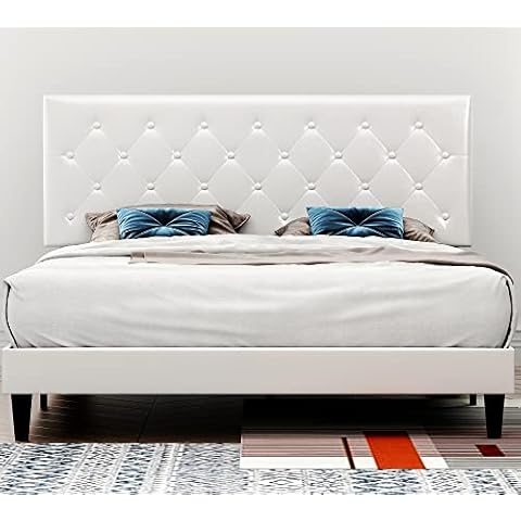 Einfach Full Platform Bed Frame with Adjustable Faux Leather Diamond Stitched Button Tufted Headboard, Sturdy Wooden Support and No Box Spring Needed, White Cover
