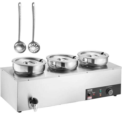 Image of VEVOR Electric Soup Warmer, Three 7.4QT Stainless Steel Round Pot 86~185F Adjustable Temp, 1200W Commercial Bain Marie with Anti-dry Burn and Reset Button, Soup Station for Restaurant, Buffet, Silver