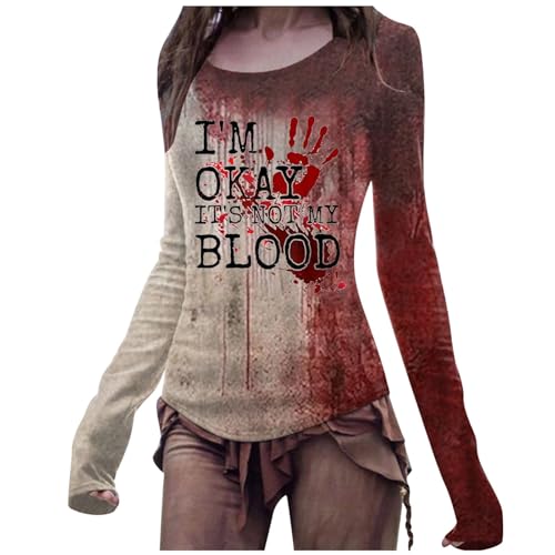 Halloween Costume Cosplay Women's Crew Neck Casual Fashion Printed Short Sleeve T-Shirt, Wine Red, S
