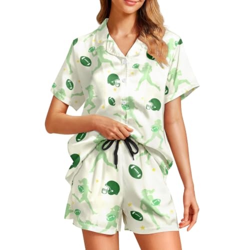 Image of Funny Pajamas for Women Set Print Satin Loungewear Pjs Short Sleeve Button Down Top and Shorts Sets Sleepwear XS-3XL