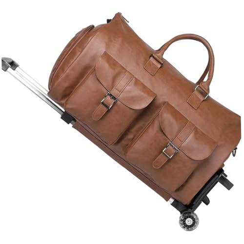 Sac de duffle avec roues et poignée en PU brun pour hommes et femmes