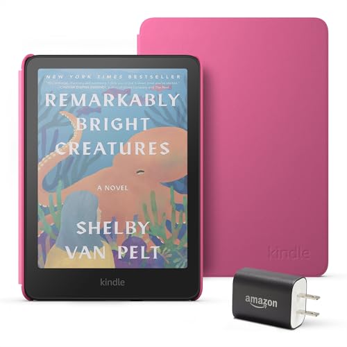 Introducing Amazon Kindle Colorsoft Essentials Bundle including Kindle Colorsoft (16 GB) – With color display - Black, Plant-Based Leather Cover-Raspberry and Power Adapter