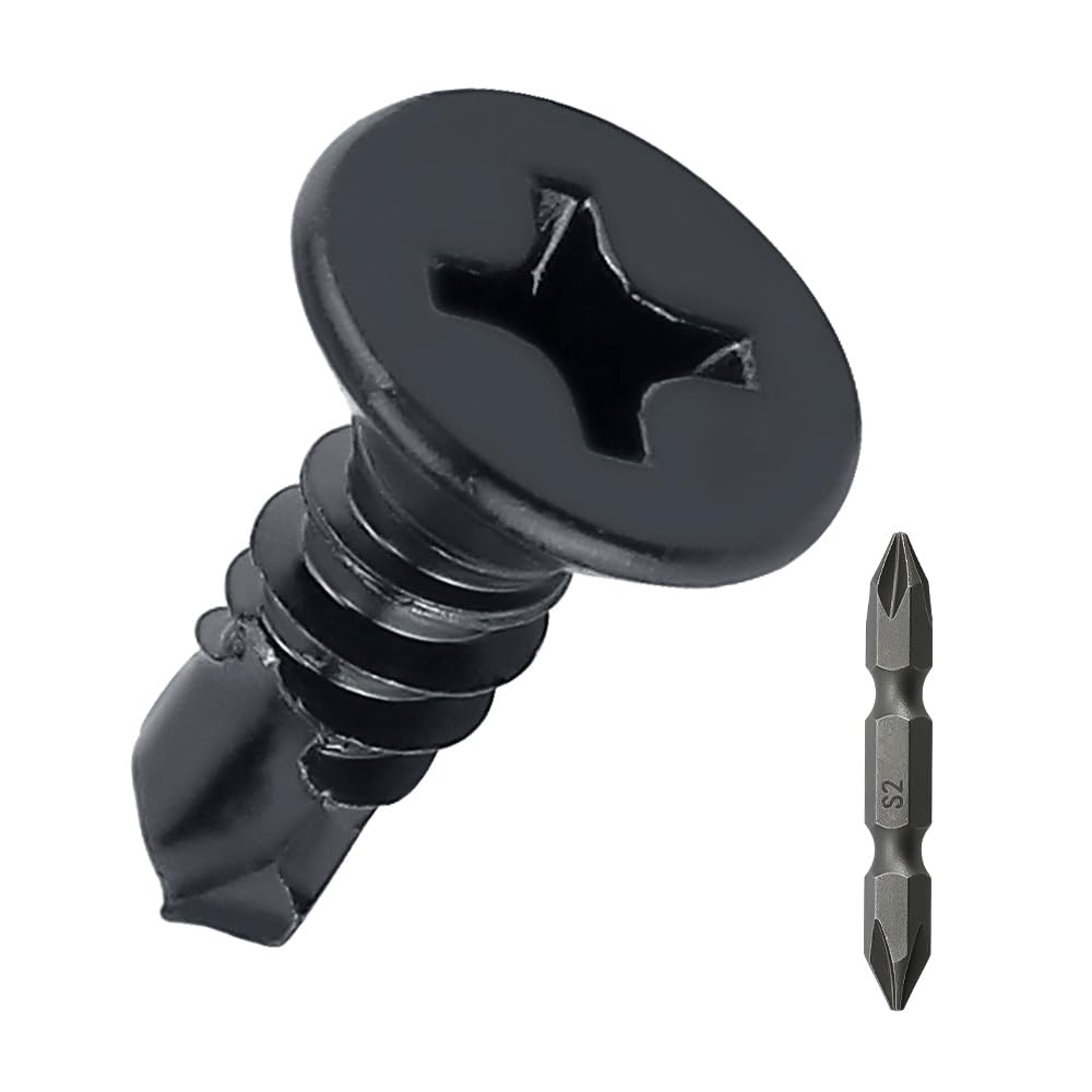 #10 x 3/4" Flat Head Self Drilling Screws (50 pcs), 410 Stainless Steel, Phillips Drive #2, Black Oxide Coated Flat Head Self Tapping Screws, Fayeploo (with Phillips Driver Bit)