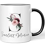 JUNIWORDS Tasse, Scarlett-Medina, Name Anfangsbuchstabe Initial Alphabet Floral Buchstabe S Monogramm Motiv, Schwarz (5600484)