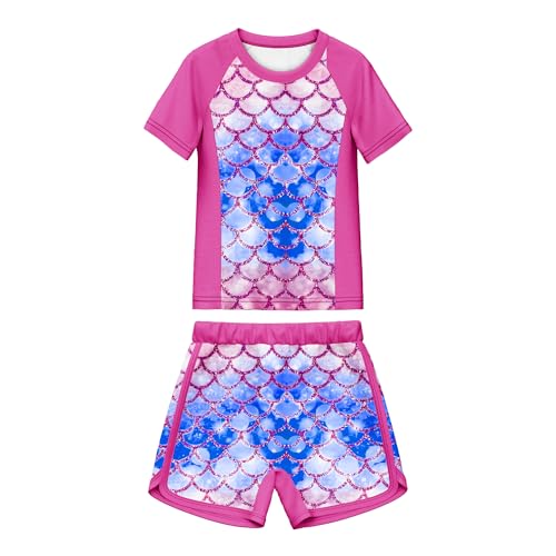 LQSZ Girls Swimsuits Two Pieces Short Sleeve Rash Guard Girls Toddler Bathing Suit Suitable for 3-12 Years