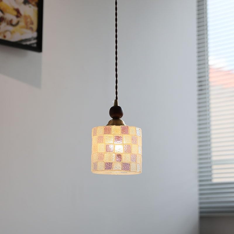 Lustre cuisine haut de gamme en verre coloré et fil de cuivre avec boule en bois