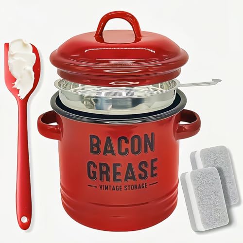 Bacon Grease Container with Strainer - Large 46OZ Kitchen Oil Storage Can, Farmhouse Cooking Pot Keeper Collector With Food-Grade Silicone Spatula for Frying, Baking & Kitchen Oil Storage (Red) by Fanxinzttc - Used condition - CA$15.32
