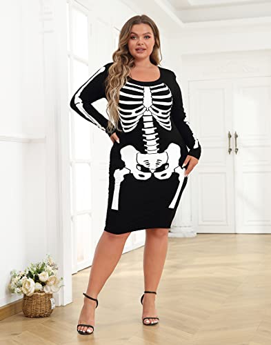Hde HDE-58559 Plus Size Skeleton Dress Halloween Costume Stretchy Long Sleeve Dress Black thumb #1