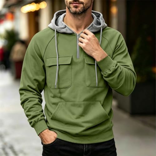 Mens Quarter Zip Hoodie Chest Pockets Kangaroo Pocket Streetwear Sweatshirt - image 2