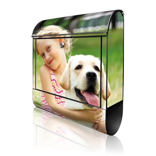 banjado Design Briefkasten 38,5x46,5x13cm & 2 Schlüssel - Briefkasten Stahl Schwarz mit Zeitungsfach pulverbeschichtet - Postkasten A4 Einwurf inkl. Montagematerial - Motiv Wunschmotiv