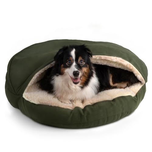 Image of Snoozer Cozy Cave Dog Bed - Indoor Dog Bed with Cover Cave, Covered Calming Burrow for Small & Medium Sized Pets with Blanket Attached, Enclosed, Removable Washable Cover - Large, Olive