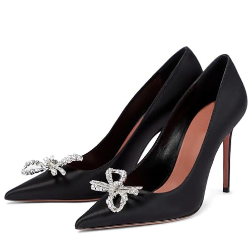 Womens Rhinestone Bow Heels Pumps, Closed Pointed Toe Dress High Heels Shoes, Comfortable Stiletto Heel Evening Party Wedding Office Pumps Shoes2