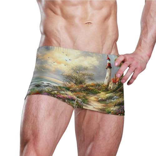 Lighthouse Flowers Ocean Mens Swim Trunk Swimwear Bathing Suit Swim Brief Square Leg Board Short S S04067083
