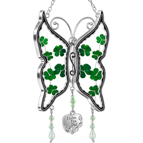 KY&BOSAM St Patrick's Day Shamrock Butterfly Suncatchers I Love You Dad Gifts Ornament Glass Irish for Windows Hanging Wind Chiem with Real Flower Wings Brithday Gifts for Dad Father`s Day Christmas