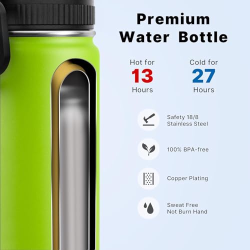 Image of koodee 22 oz Water Bottle Stainless Steel Double Wall Vacuum Insulated Sports Water Bottle with 3 Lids, Reusable Metal Water Flask with Straw for women and Girls, BPA Free(Apple Green)