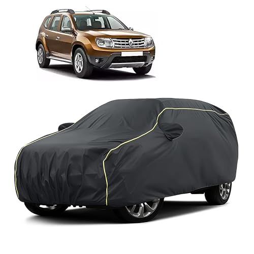 Image of Sulfar 100% Water Resistant Car Body Cover Compatible with Mirror for Renault Duster (Triple Stitched, Full Bottom Elastic, Dark Grey Taffeta with Yellow Piping)