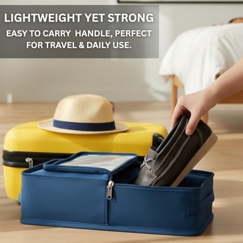 Image of Under Bed Shoe Storage Organizer Box with Clear Plastic Zippered Cover | Large Durable Rexine Travel Shoe Bag for Men & Women | Pack of 8 | Shoes, Slippers & Sports Footwear Storage (Blue)