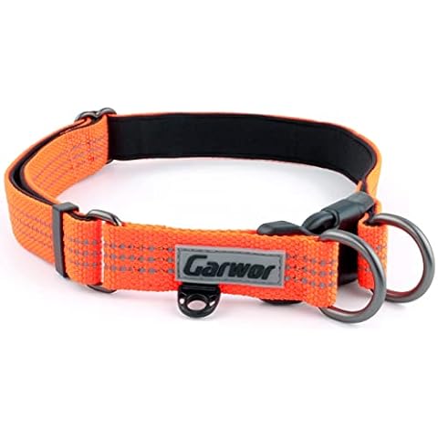 Garwor Reflective Dog Collar with Double D-Ring, Soft Neoprene Padded, Extra ID Tag D-Ring Attached, Buckle Adjustable Safety Nylon Pet Collars for Large Dogs(L, Orange) Cover