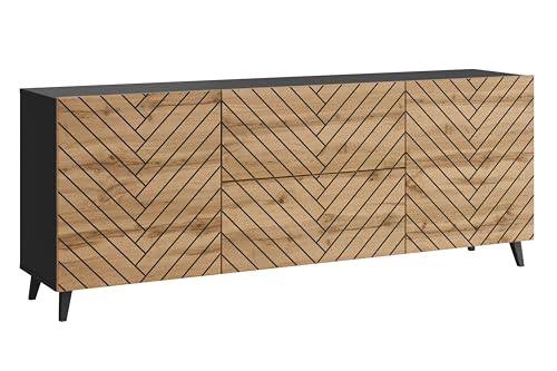 MINIO go for it - Commode LOKET, 180 cm, Buffet à 2 Portes et 2 tiroirs, Couleur: Noir Graphite/chêne wotan à Motif Chevrons