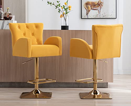 Kmax Velvet Bar Stools Tufted Modern Counter Height Stools 360°Swivel Adjustable With Golden Square Base Footrest Arms For Kitchen Island&Bar, Set Of 4- Yellow #TOP3