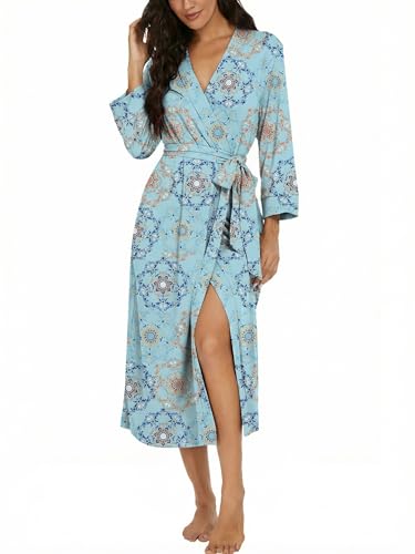 Image of VINTATRE Robes for Women Long Knit Bathrobe XS-4XL | 3 /4 Sleeve Bathrobes with Pockets, Stretchy and Lightweight Fabric, Inner Tie and Fixed Outer Matching Belt, Mid Calf Length