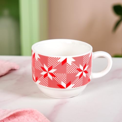 Image of Nestasia Ceramic Cup, Spoon & Bamboo Coaster Set of 2 (160ml Each) | Red & White Snowflake Pattern Mugs, Ceramic Stirring Spoons & Ornament Shaped Coasters - Ideal for Festive Gifting