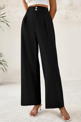 Image of CFLONGE Women Wide Leg Dress Pants High Waist Work Trousers Button Pleated Slacks Palazzo Pants Business Casual Outfits
