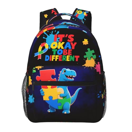 Xalvyriehf Mochila infantil de dinossauro de conscientização do autismo – Mochila infantil colorida com design de quebra-cabeça com capa para laptop, mochila escolar leve para meninos e meninas