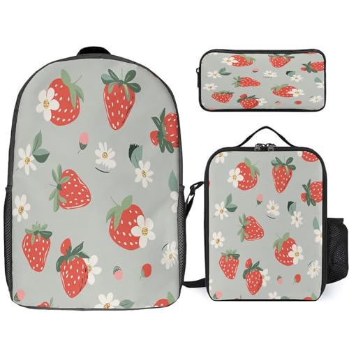 17-inch Backpack,Crossbody Lunch Bag,and Cosmetic Bags Suitable for Travel,business,casual,universal Hand Drawn Strawberry Print Travel Backpacks for Men And Women