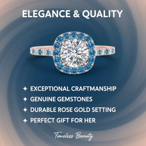 Image of Choose Your Gemstone Round Diamond CZ Square Halo Ring Rose Gold Plated Round Shape Petite Engagement Rings Matching Jewelry Wedding Jewelry Easy to Wear Gifts US Size 4 to 12