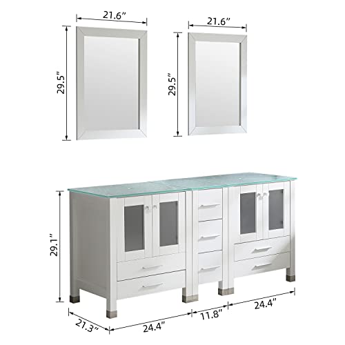 Walcut White 60 Inch Double Sink Bathroom Vanity Cabinet With Silver Green Glass Vessel Countertop Sink And Faucet + Pop Up Drain Combo, Double Mirror, 60" Solid Mdf #TOP3