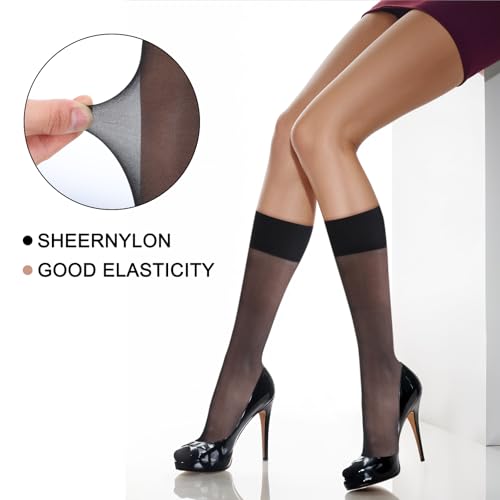 Image of 6 Pairs Sheer Nylon Ankle Socks Nude Crew Stocking for Women Thin See Through Calf High Silk Trouser Socks with Reinforced Toe For Women Girls One Size (Black Nude)
