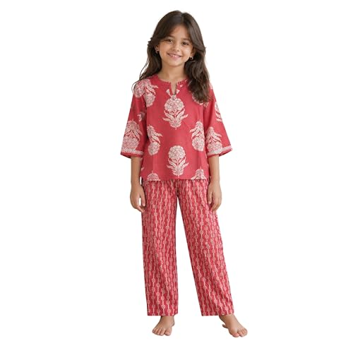 Image of The Magic Wand Cotton Night Suit for Girls 3 /4 Sleeves Baby Kids Flora Print Top & Pant Set Sleepwear Night Dress co ord Set, Nightwear Girls Pyjama Set