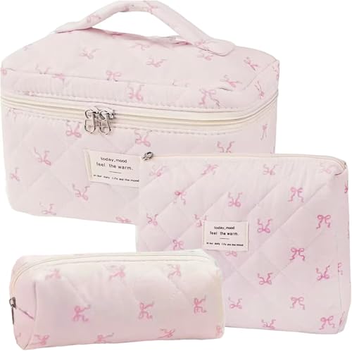 Dkieuyu 3 Pcs Quilted Makeup Bag Set,Coquette Bow Make up Bag,Cute Floral Makeup Bags Large Travel Toiletry Cosmetic Bag Organizer for Women Girls (I-3PCS)